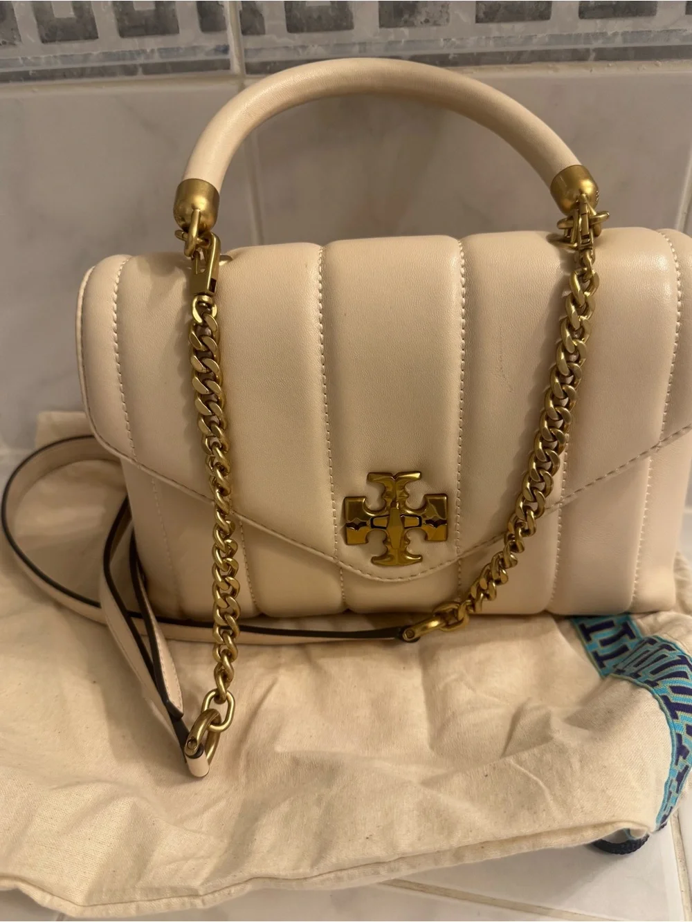 Tory Burch Cream Quilted Leather Crossbody/Satchel with Gold Logo